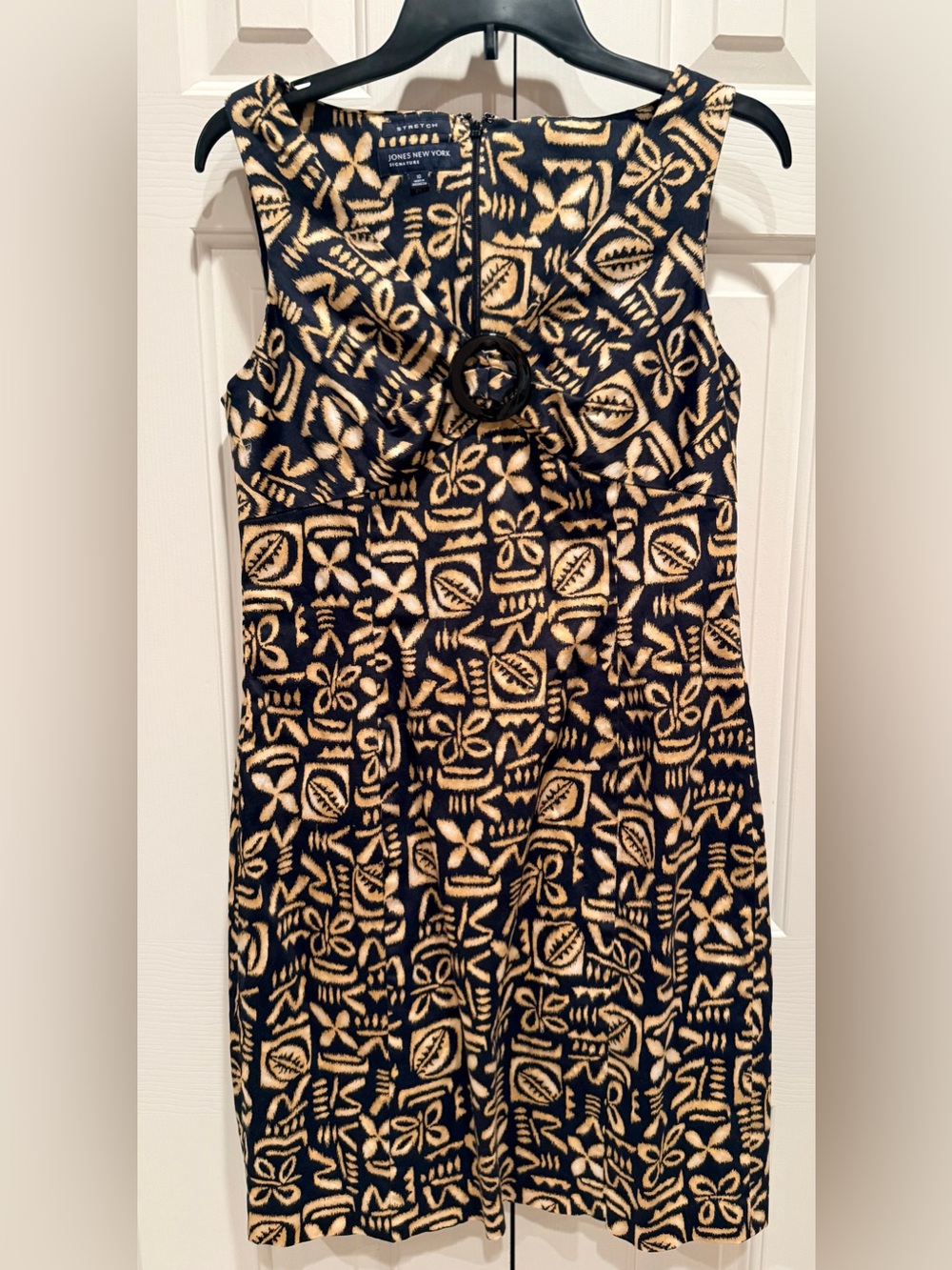 Jones New York Black and Cream Ring-Front Printed Knee Length Dress